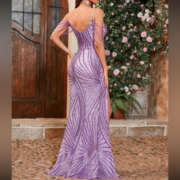 Luxe spaghetti straps slit thigh beaded party formal evening gown dress - Picture 2 of 7